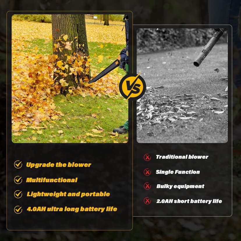 Cordless Leaf Blower & Vacuum, 3-in-1 Leaf Vacuum Mulcher with Bag, 40V 360CFM 5-Speeds Brushless Battery Operated Leaf Blower for Lawn Care with 2 x 4.0Ah Battery & Charger Included