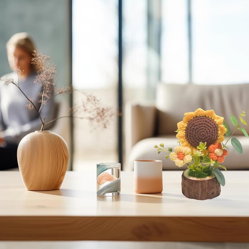 Handmade Crochet Knitted Sunflower Bouquet Creative Knitted Potted Plant Mini Cute Home Desktop Decorations and Gifts for Friends, Lovers, Classmates