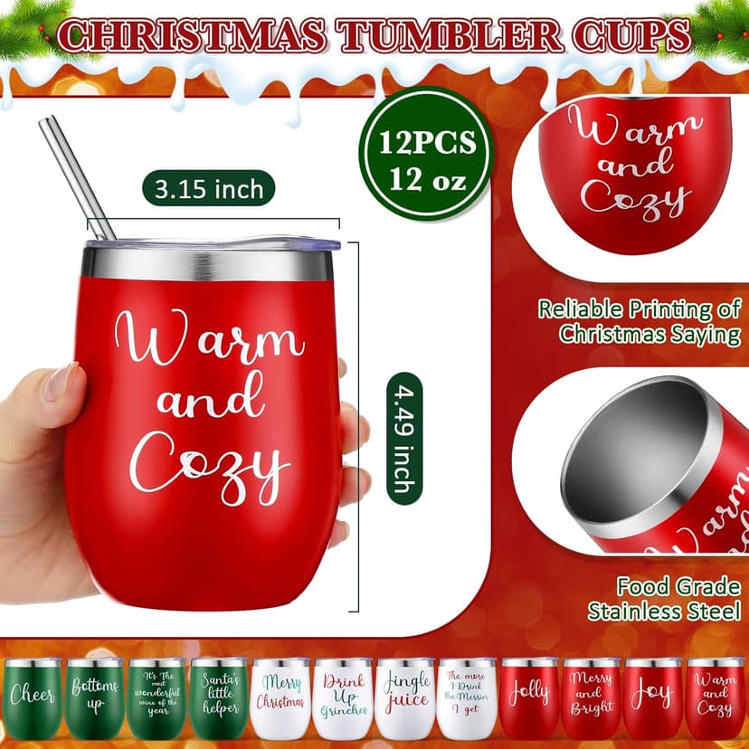 12 Pcs Christmas Wine Tumbler Set, 12 Oz Stainless Steel Double Wall Vacuum Insulated Coffee Mug Stemless Xmas Wine Glasses With Lid Straw Brushes for Women Friends Men Travel Gifts (Texts)