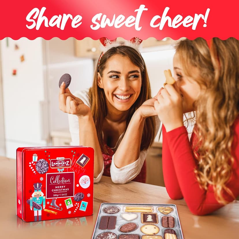 Lambertz European Holiday Cookie Tin – 64 Cookies, 12 Varieties, – Festive Gift Box Ready to Serve and Gift-Ready for Christmas and Office Sharing – 17 Ounces