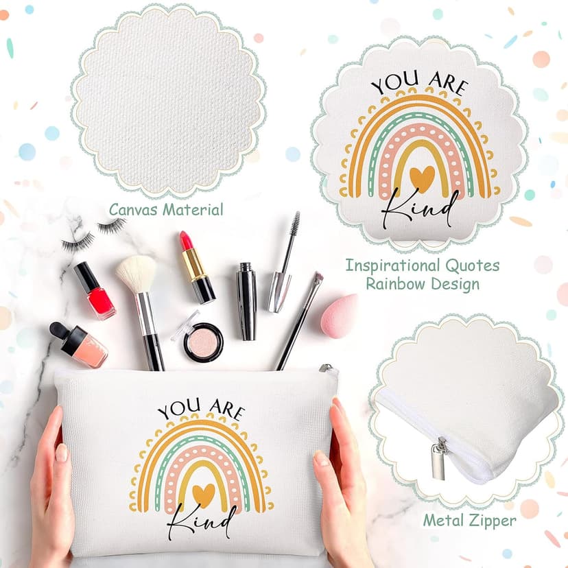 Coume 10 Pcs Rainbow Canvas Makeup Bags Bulk Inspirational Quotes Cosmetic Zipper Personalized Encouragement Travel Pouch Toiletry Bag for Women Girls Teacher Friend Birthday