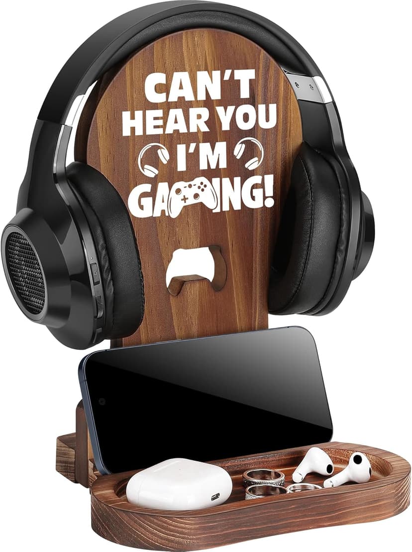 Slothoem-Gamer Gifts for Men Teenage Boy, Gamer Room Decor for Brother, Gaming Gifts for Son, Boyfriend, Husband, Gamer Room Accessories Stuff, Wooden Headset Stand - Can't Hear You I'm Gaming