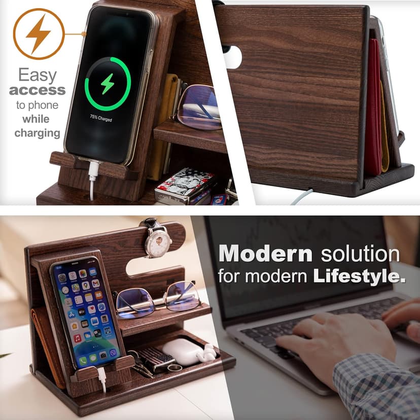 TESLYAR Wood Phone Docking Station for Men - Desktop or Nightstand Organizer - Birthday Gifts for Men, Dad - Anniversary Idea from Wife - Key Holder, Stand Wallet, Watch & Essentials (Bourbon Brown)