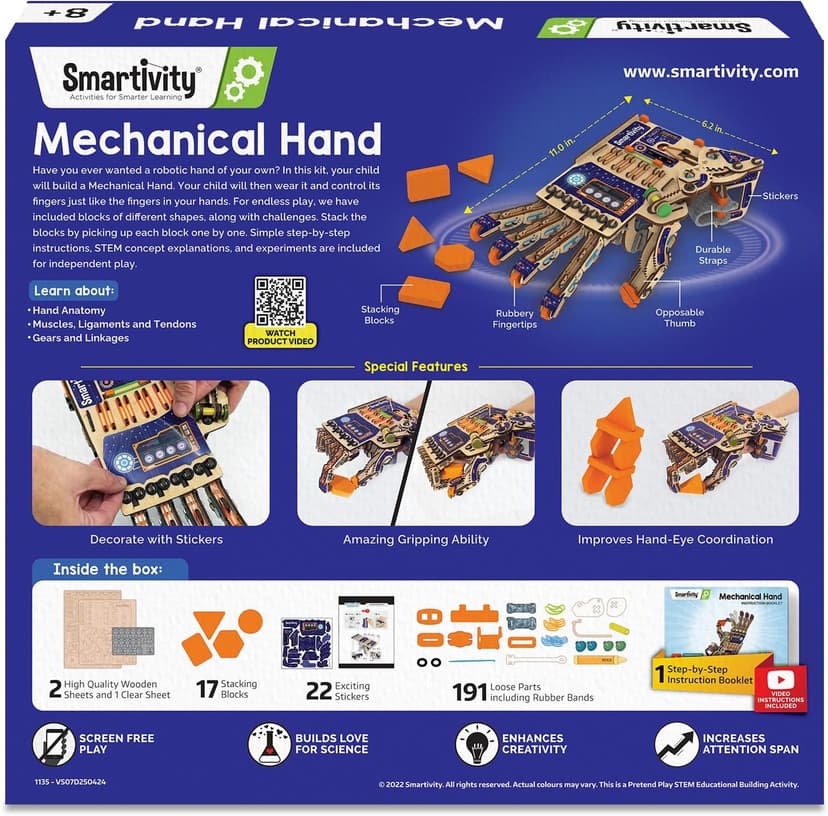 Smartivity DIY Robotic Mechanical Hand STEM Toy for Kids 8-9-10-11-12-13-14 Years Old | 2024 Parents Choice Award Winner I Birthday Gift for Boys & Girls | Engineering Kit for 8-14 Years Old