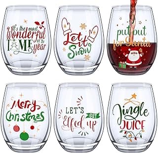 Funtery 6 Pcs Christmas wine Stemless Glass Funny Christmas Gift Set for Teacher Men Women Family Friend Coworker, Gift Ideal Birthday Wedding Party Supplies(Classic Style)