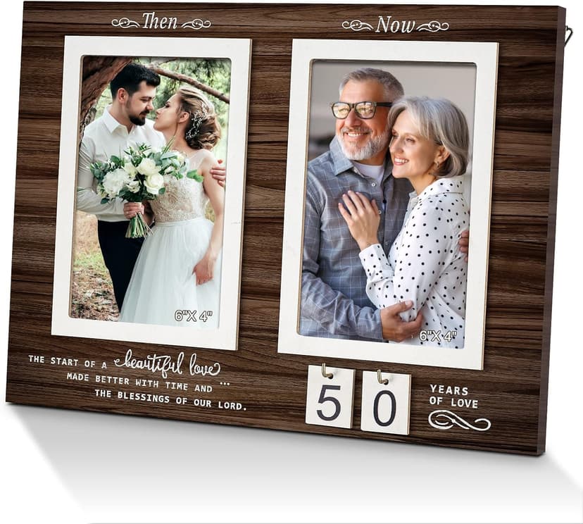 Then & Now Anniversary Picture Frame, 1-99 Years Wedding Gift Ideas - Anniversary Wood Photo Frame, Engagement Bridal Shower Gifts with Sentimental Quote - Holds 2 4x6 Inches Photos (Then & Now)