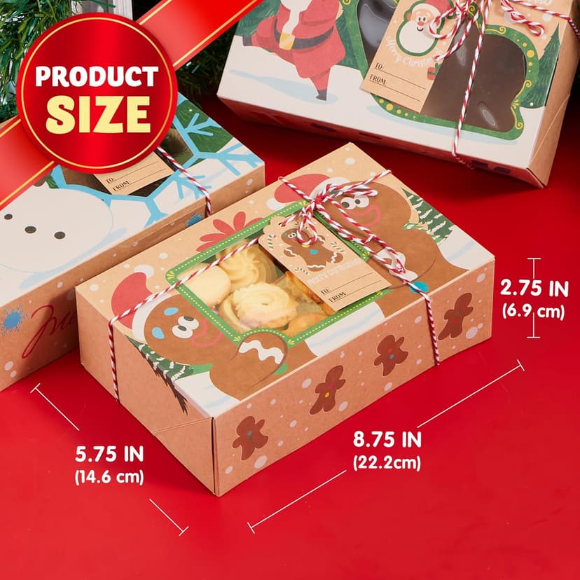 JOYIN 24 PCS Christmas Cookie Gift Baking Box 8.75" x 5.75" x 2.75” with Window Auto-Popup, Xmas Holiday Treat Boxes Containers with Tags for Party Favor Pastries, Cupcake, Brownies, Donut Gift-Giving