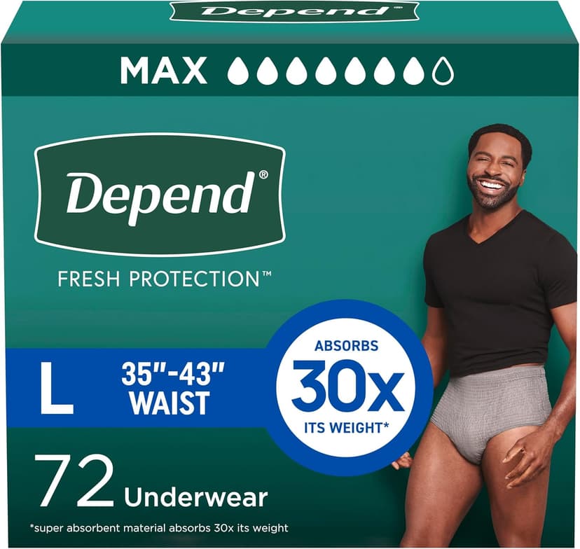 Depend Depend Fresh Protection Adult Diapers, Incontinence Underwear for Men, Disposable, Maximum, Large, Grey, 72 Count (2 Packs of 36), Packaging May Vary