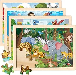 Wooden Animals Puzzles for Kids Age 3 4 5 Year Old, 4 Pack 24 Pcs Montessori Toddler Jigsaw Puzzles for Girl boy Activities Preschool Learning Educational Birthday Gift Travel Autistic Wooden Toys