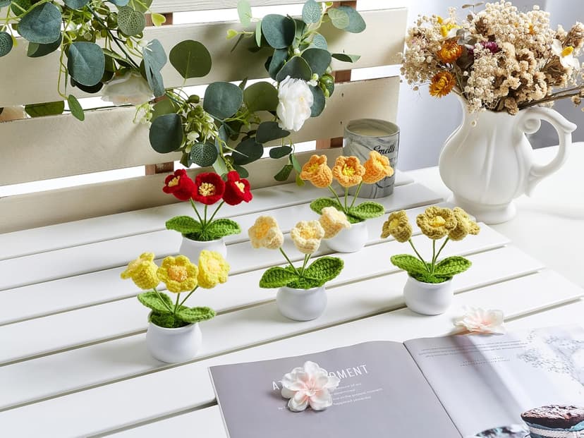 LAIDANLA Crochet Flower Potted, Pink Small Handmade Knitted Flowers Lilly of The Valley for Desk, Christmas Appreciation Birthday Gifts for Women Mom Sister Grandma Coworker Friend Teacher