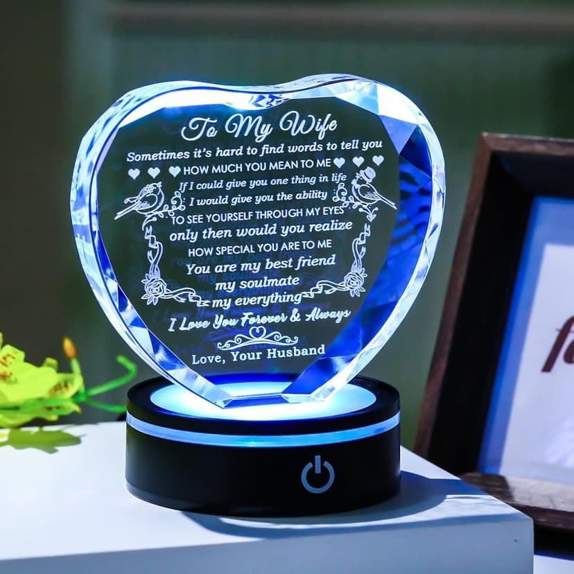 YWHL Gifts for Wife with Colorful LED Base Romantic Wedding Anniversary I Love You Gifts for Her Best Wife Birthday Gift Ideas to My Wife Crystal Keepsakes Presents from Husband