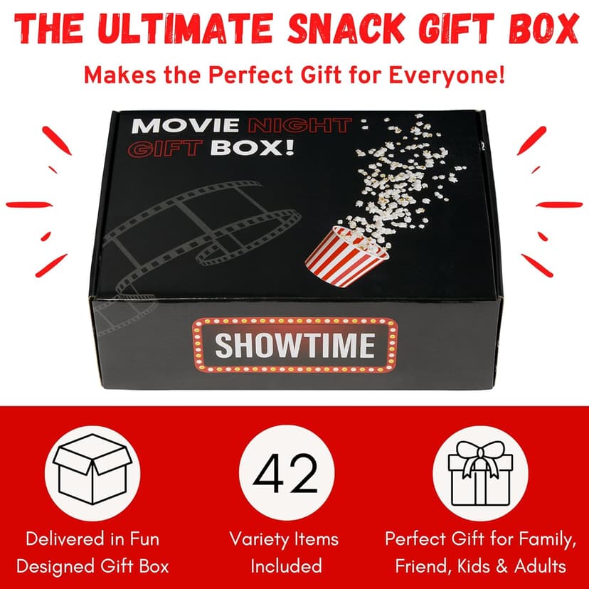 Movie Night Gift Basket – 42-Piece Gift Box with Popcorn, Candy, Snacks & Bingo – Birthdays, Date Night, Family, Kids, Adults, Mom, Dad, Teens, Christmas, Mothers Day, Fathers Day, Raffle & Fundraiser