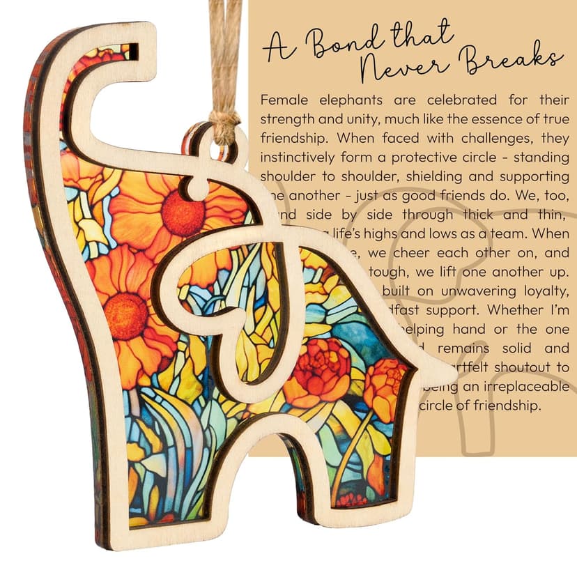 Friendship Elephant Ornament with Story Card, Best Friends Ornament for Women, Christmas Gifts Ideas for Women Friends, Sisterhood, Floral Suncatcher Elephant Friendship