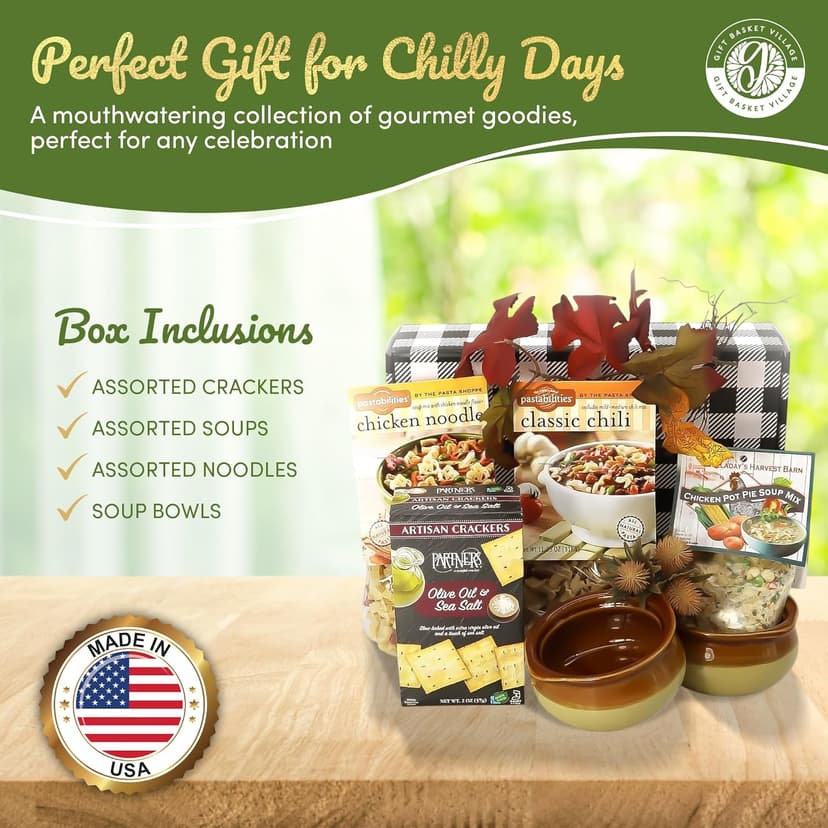 Gift Basket Village Soup Gift Basket – Dried Soup Mixes Variety, Instant Soup Packets, Crackers & Bowls, Soup Gift Baskets for Adults, Comfort Food Box for Cold & Warm Season - Medium