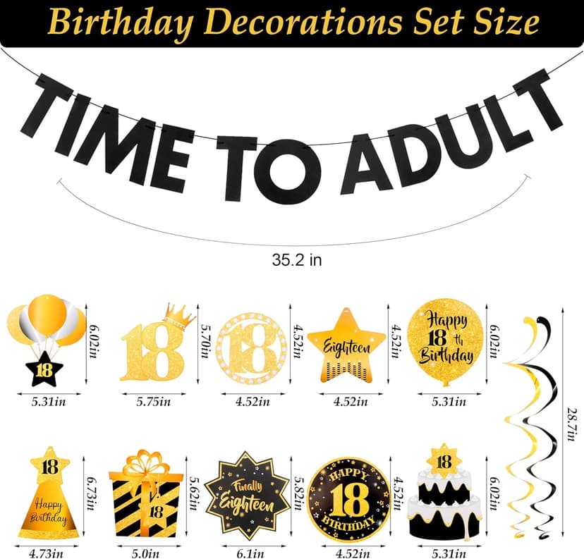 Black&Gold 18th Birthday Decorations for Boys Girls Happy 18th Birthday Decorations for Men Women Pre-Strung Time to Adult Banner and Hanging Swirls 18 Years Old Party Supplies