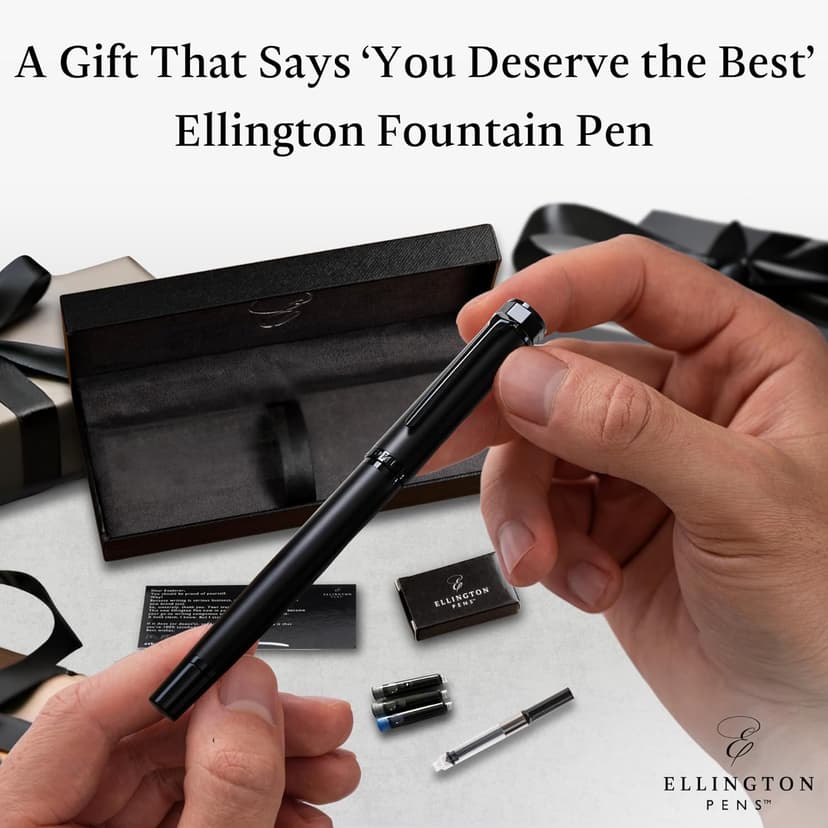 Ellington Pens Luxury Fountain Pen Set- Fountain Pens for Writing - Smooth Nib - Includes Refillable Ink Converter, 3 Ink Cartridges [Black & Blue] (Fine, The Stealth)
