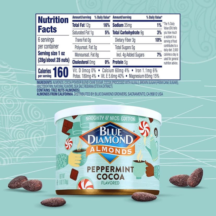 Blue Diamond Almonds, Peppermint Cocoa Holiday Snack Nuts, 6 Oz(Pack of 1),Resealable Can