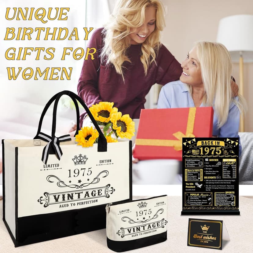 50th Birthday Gifts for Women Canvas Tote Bag Travel Gear, Unique 50 Years Old Gifts for Wife Sister Mom Aunt Friends Her, Vintage 1975 Handbag & Cosmetic Bag & Back in 1975 Poster