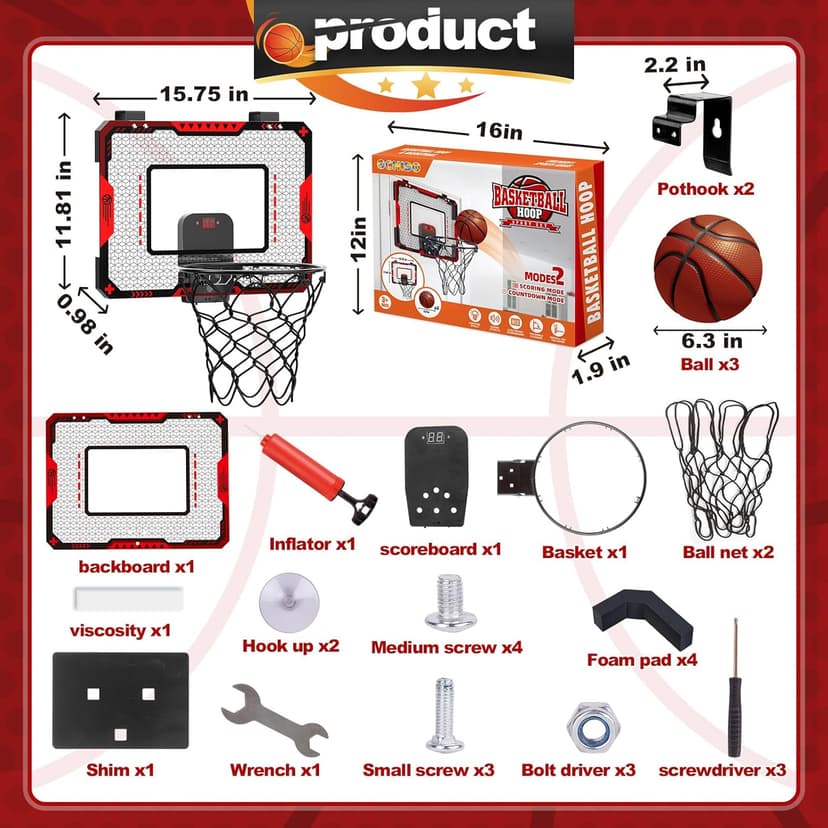 Indoor Basketball Hoop for Kids 5 6 7 8 9 10+Years Old Boys,Mini Basketball Hoop Over The Door Mini Hoop with Electronic Scoreboard & 3 Balls,Kids Basketball Hoop Sport Toys for Gift for Boys Age 5-10