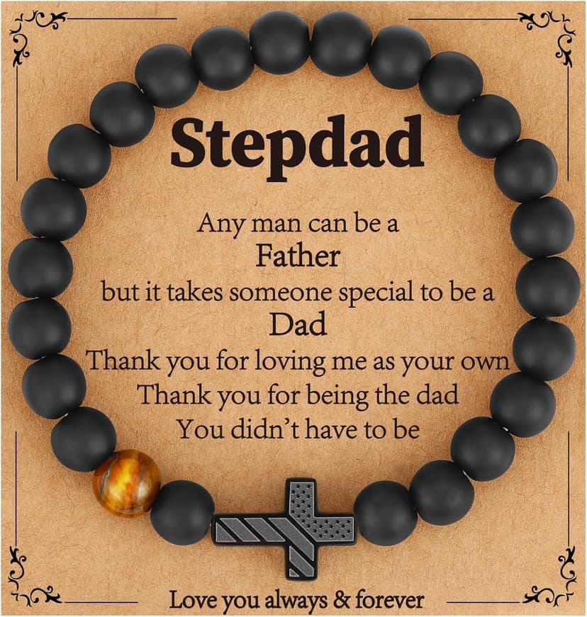 Gifts for Dad New Dad Stepdad Husband, American Flag Cross Beads Bracelet Jewelry Gifts for Father Men from Daughter Son Wife
