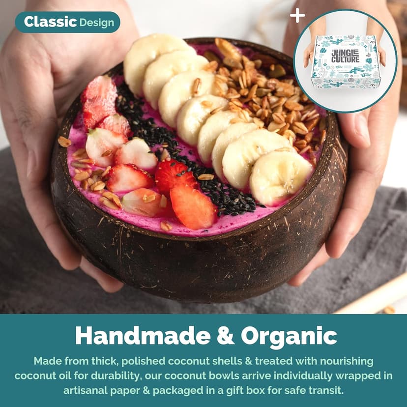 Jungle Culture 2 Polished Coconut Bowl & Wooden Spoons Set with Bamboo Straws • Natural Yoghurt & Smoothie Bowls Ideal for Ninja Creami • Healthy Coco Shell Buddha, Acai • Eco Friendly Vegan Gifts