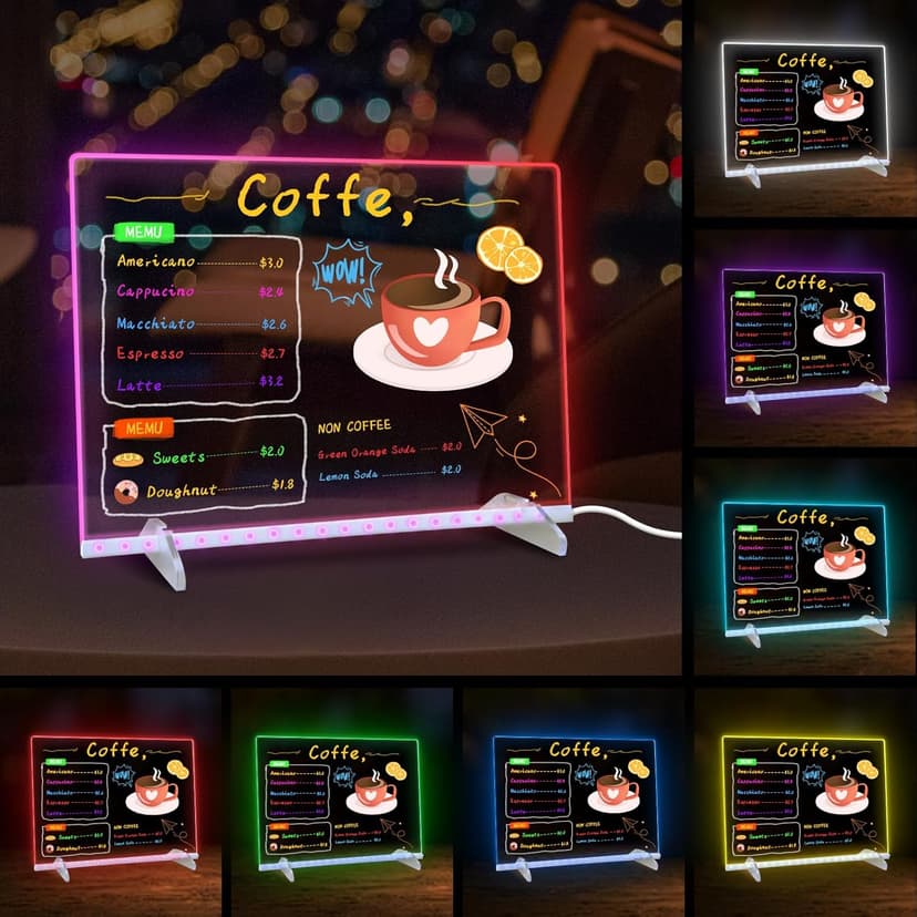 LED Note Board with Colors, 13.7"X10" 4 Modes & 7 Colors Acrylic Dry Erase Board with Light, Include Adapter, Hanging Chain, Led Drawing Board for Kids with Stand, 7 Markers, Spray Bottle