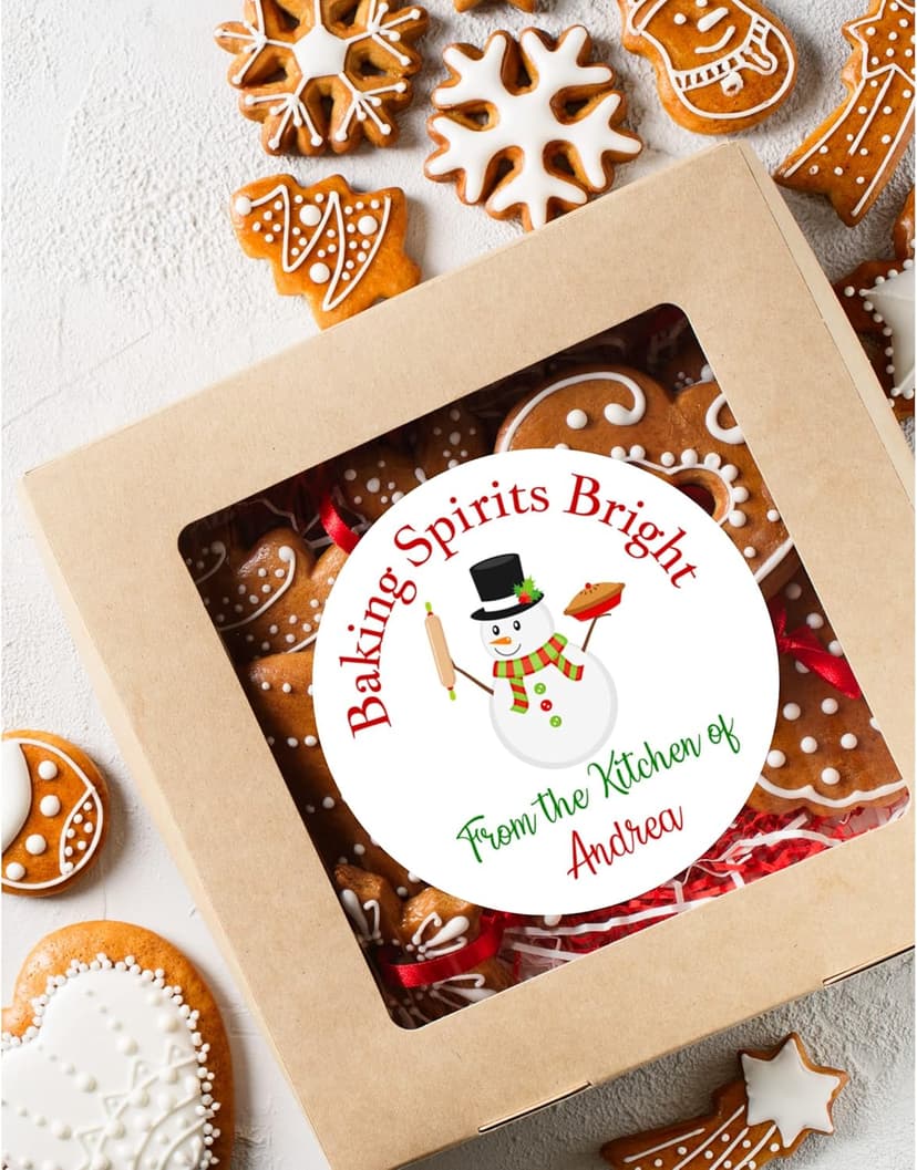 Personalized Christmas Gift Stickers for Baked Goods | Sheet of 20 2" or 12 2.5" Circle Labels | Holiday Cookies and Treat Labels Customizable (Baking Spirits Bright 1)