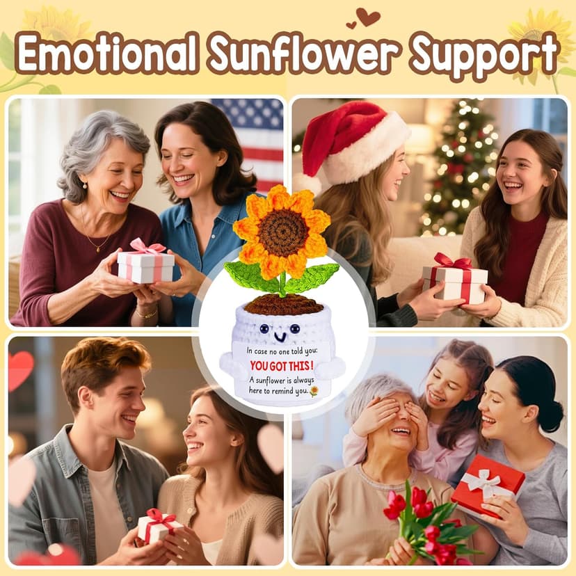 Birthday Gifts for Women, Positive Crochet Sunflower Emotional Support Gift Handmade Plush Doll, Thank You Unique Friendship Gifts for Sister Best Friend Coworker Men Teen Girls, Womens Xmas Present