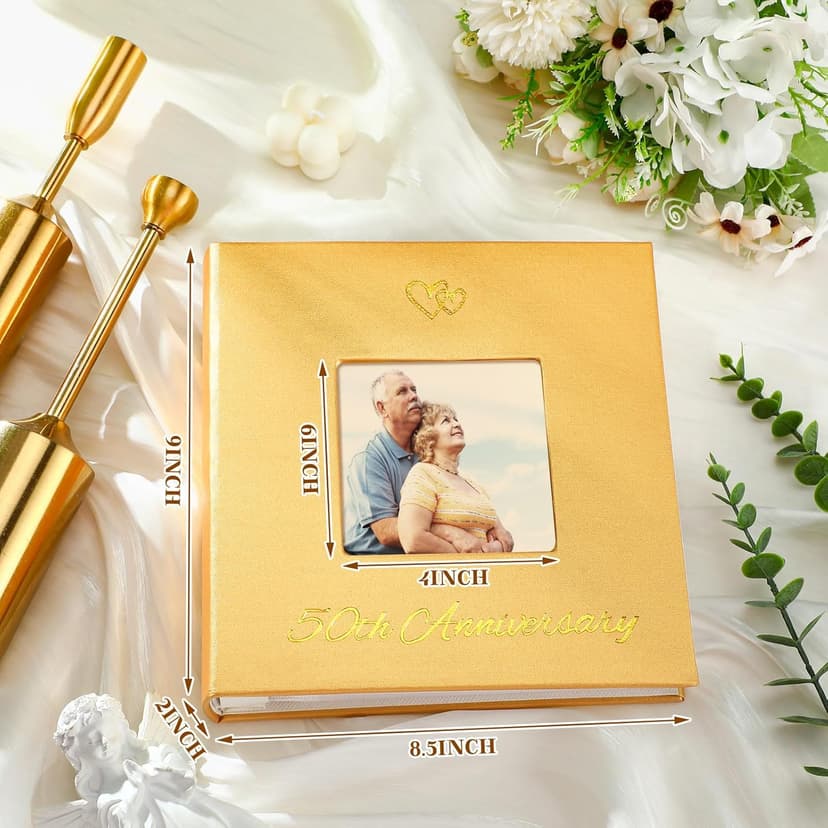Memory Photo Album Holds 200 Pcs 4 x 6 Inch Leather Wedding Anniversary Family Photo Album with Front Window Double Heart Memory Scrapbook for Couple Gifts(50th Anniversary)