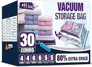 HIBAG Vacuum Storage Bags, 30-Pack Space Saver Vacuum Storage Bags, Vacuum Seal Bags for Clothing, Clothes, Comforters and Blankets (30C)