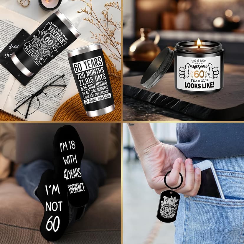 60th Birthday Gifts for Men - Unique Box with 20 Oz Tumbler, Scented Candle, Socks, Baseball Cap for Husband, Dad, Grandpa, Friends, Teachers, Boss