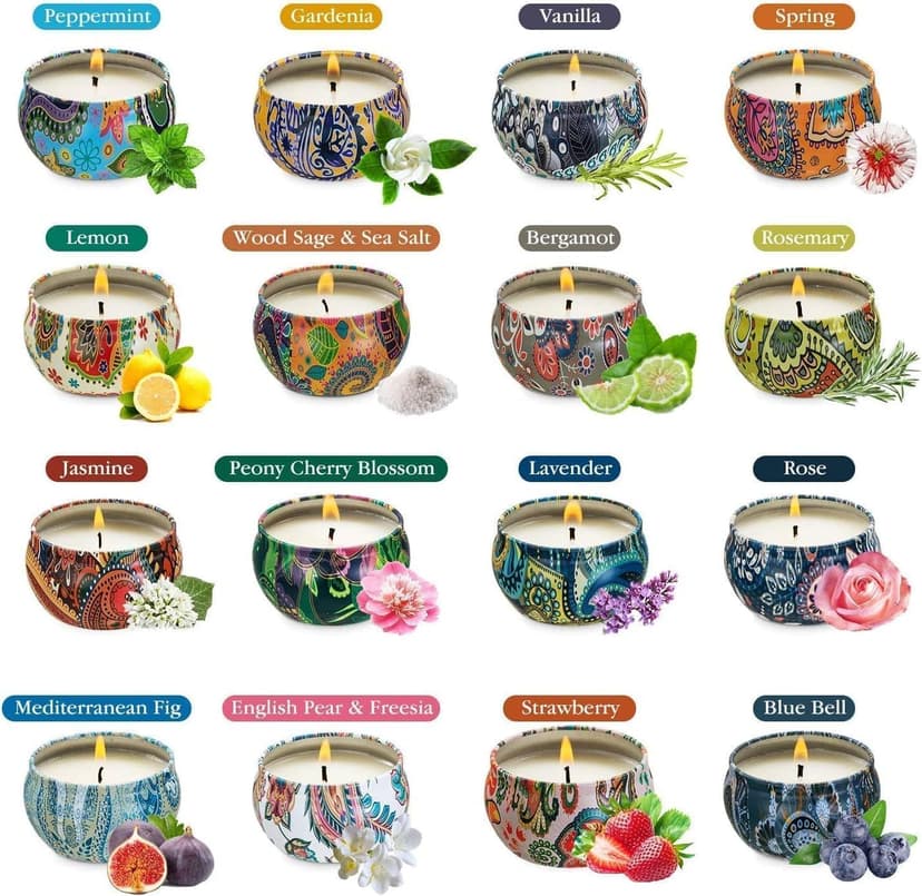 Scented Candles Gift Set, Natural Soy Wax Portable Travel Tin with Strongly Fragrance Essential Oils for Stress Relief and Aromatherapy - 16 Pack