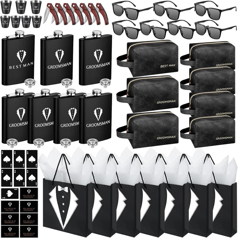 70Pcs Groomsmen Gifts Groomsmen Proposal Box with Flasks Sunglasses PU Leather Toiletry Bag Bottle Opener for Wedding Groomsman Best Man Gift (Black)
