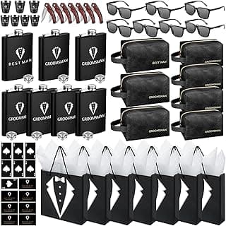 70Pcs Groomsmen Gifts Groomsmen Proposal Box with Flasks Sunglasses PU Leather Toiletry Bag Bottle Opener for Wedding Groomsman Best Man Gift (Black)