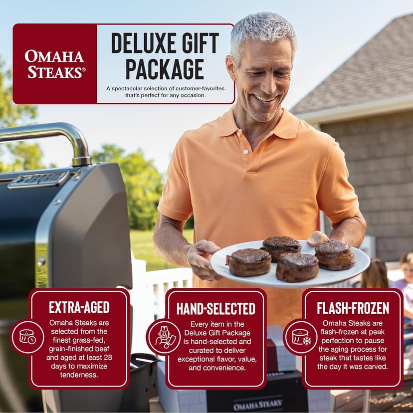 Omaha Steaks Deluxe Gift Package (4 Bacon-Wrapped Filet Mignons, 4 Steak Burgers, 4 Gourmet Jumbo Franks, 4 Potatoes au Gratin, 4 Caramel Apple Tartlets, 1 jar Omaha Steaks Seasoning)