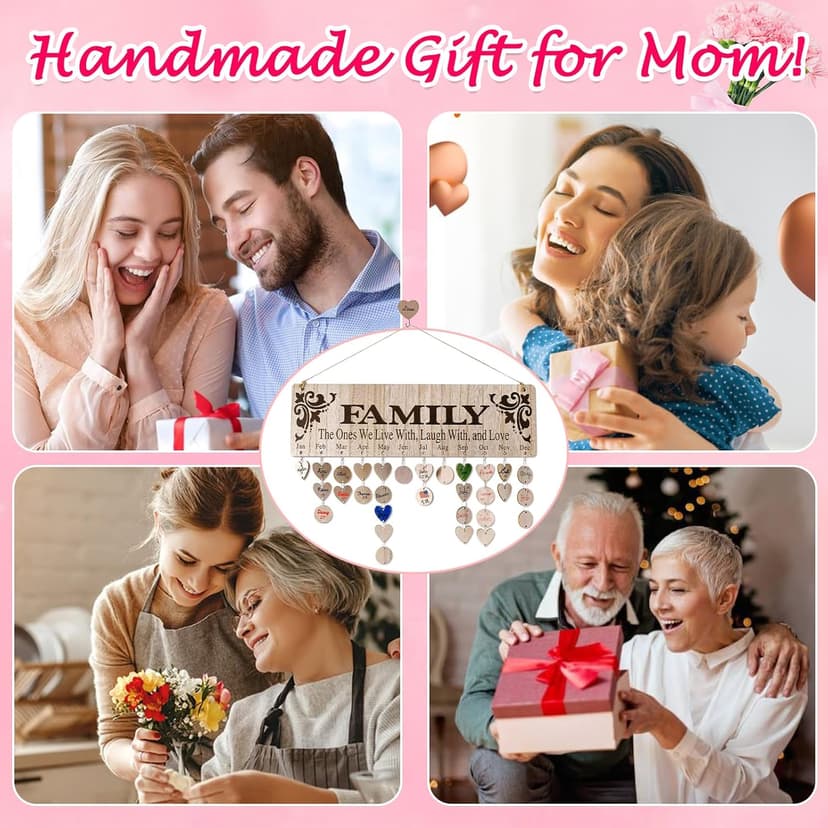 Gifts for Mom Grandma from Daughter, Unique Wooden Family Birthday Reminder Tracker Calendar Board Wall Hanging with 100 Tags, Best Gift Ideas for Christmas Birthday Mother's Day