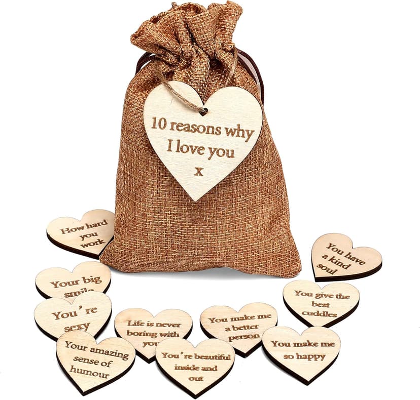 10 Reasons Why I Love You Wooden Hearts - Romantic Anniversary and Valentine’s Gift with 10 Unique Messages in Hessian Bag - Thoughtful Keepsake for Him or Her - Eco-Friendly No Plastic