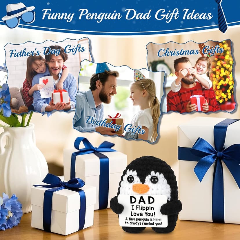 Gifts for Dad from Daughter Son Wife, Handmade Crochet Mini Penguin Christmas Birthday Gifts for Dad Bonus Step Fathers, Funny I Love You Gift for Dads Christmas Stocking Stuffers Emotional Cute Decor