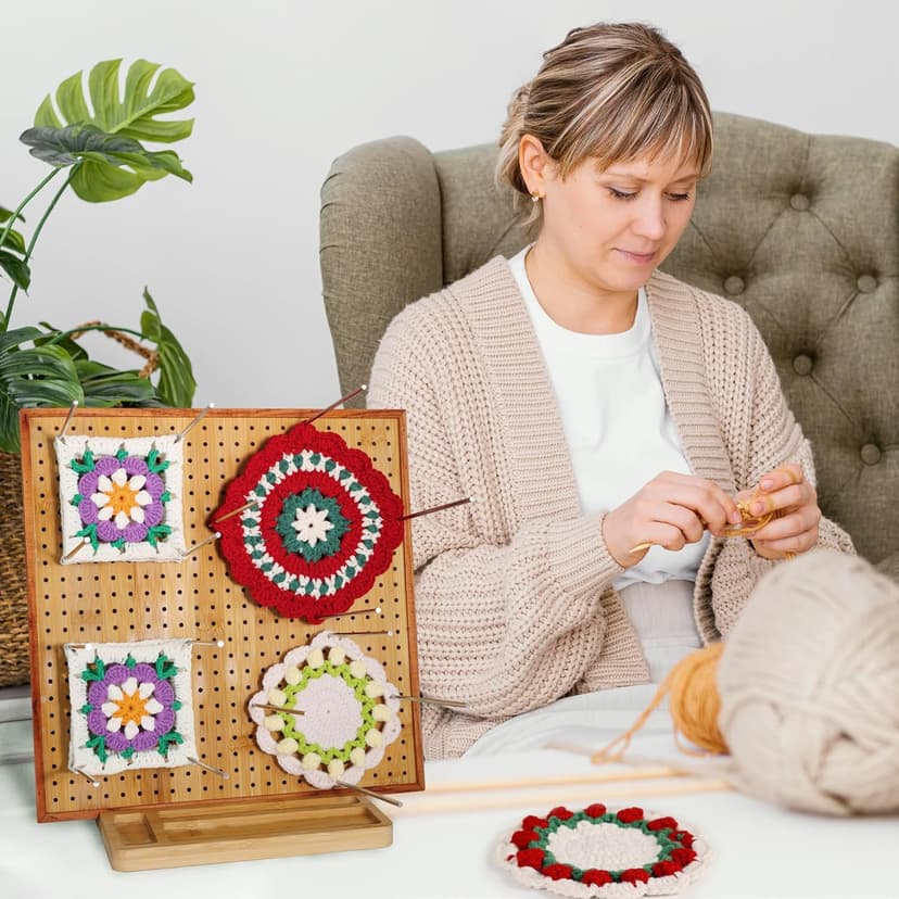 HHSarioneiro 11.8" Crochet Blocking Board with 16 Pins/Pegs, Granny Square Blocking Boards for Crochet Projects, Wooden Crocheting Accessories Gifts for Crocheters