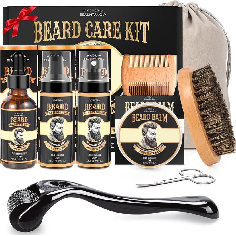 Beard Growth Kit, Grooming Set w/Growth Oil, Conditioner, Balm, Shampoo Wash, 0.25MM Roller, Brush, Comb, Scissor, Bag, Christmas Birthday Valentines Day Gifts for Him Men