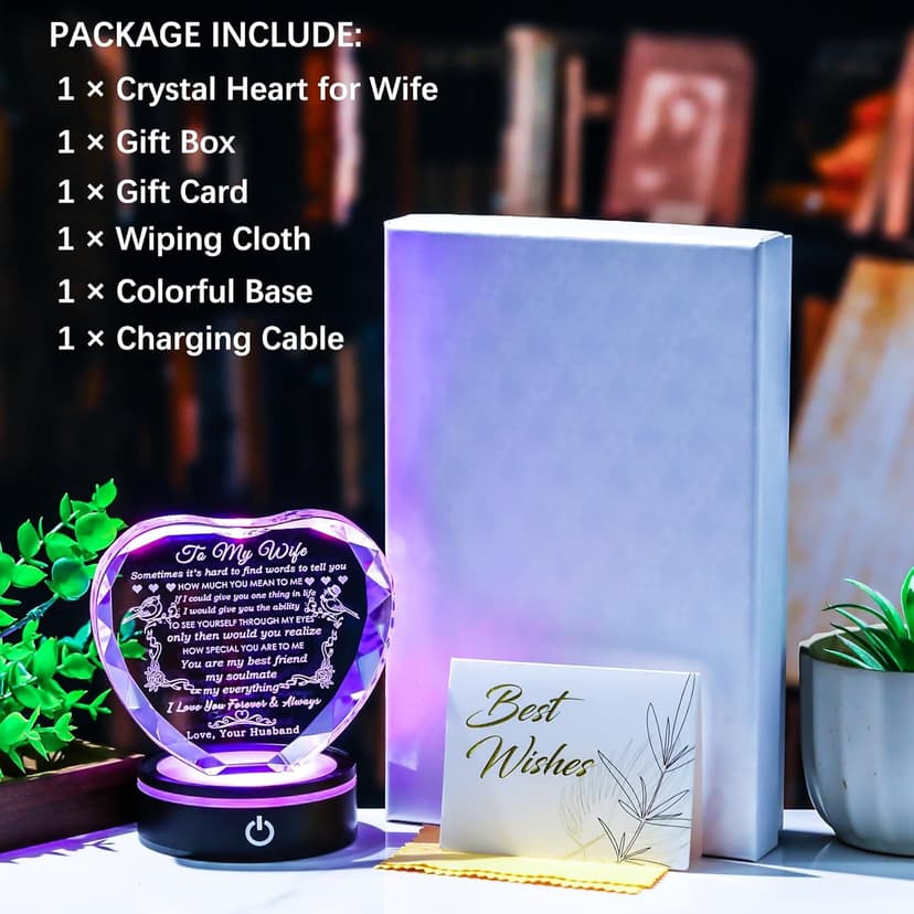 YWHL Gifts for Wife with Colorful LED Base Romantic Wedding Anniversary I Love You Gifts for Her Best Wife Birthday Gift Ideas to My Wife Crystal Keepsakes Presents from Husband