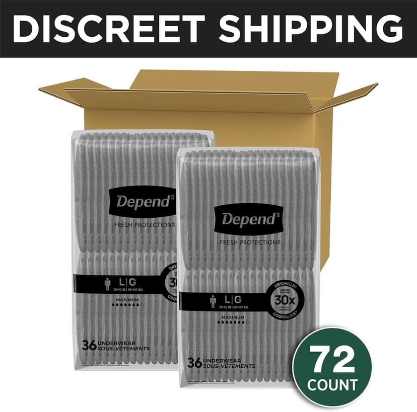 Depend Depend Fresh Protection Adult Diapers, Incontinence Underwear for Men, Disposable, Maximum, Large, Grey, 72 Count (2 Packs of 36), Packaging May Vary