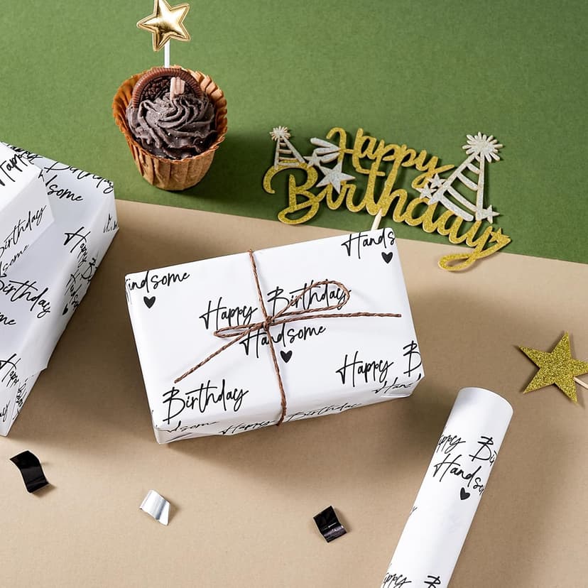 WRAPAHOLIC Birthday Wrapping Paper for Men - Mini Roll - 17 Inch x 16.5 Feet - Happy Birthday Handsome Design for Special Friend, Boyfriend, Husband