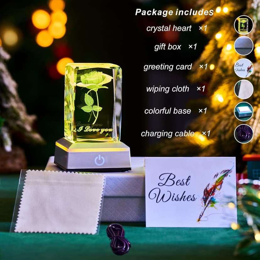 3D Rose Crystal Night Lamp with Adjustable LED Lights - I Love You, Mothers Day Gifts Ideas for Mom Valentines Day, Anniversary, Birthday Gift for Her, Wife, Girlfriend