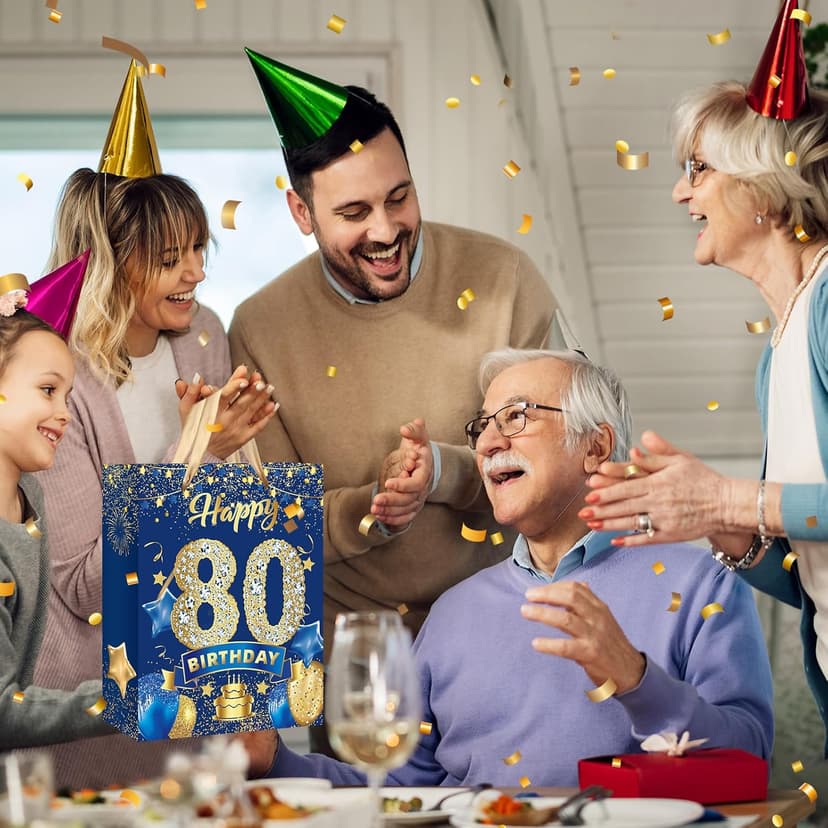 Blue 80th Birthday Gift Bag, Large Navy Blue and Gold Happy 80th Birthday Gift Wrap Bag with Card and 3pcs Tissue Paper for Men Women 80 Years Old Anniversary Party Favors Goodie Wrapping Bag Supplies