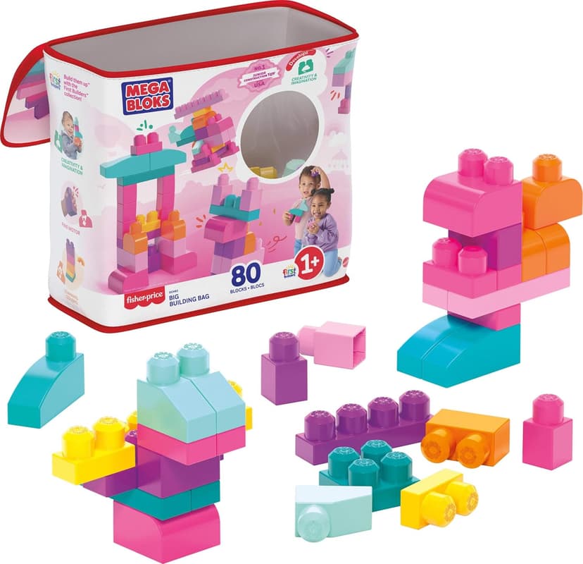 MEGA BLOKS First Builders Toddler Blocks Toys Set, Big Building Bag Collection with 80 Pieces and Storage, Pink, Ages 1+ Years