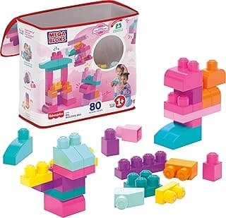 MEGA BLOKS First Builders Toddler Blocks Toys Set, Big Building Bag Collection with 80 Pieces and Storage, Pink, Ages 1+ Years