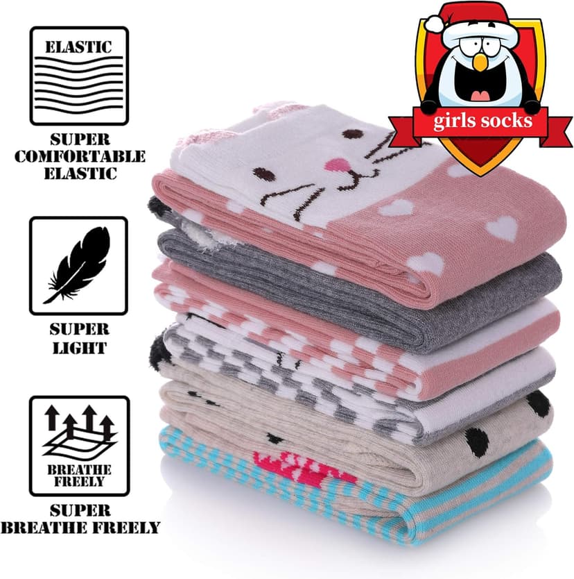FNOVCO Girls Knee High Socks Kids Crazy Fun Gift Cute Animal Patterns Cotton Long Socks 6 Pairs