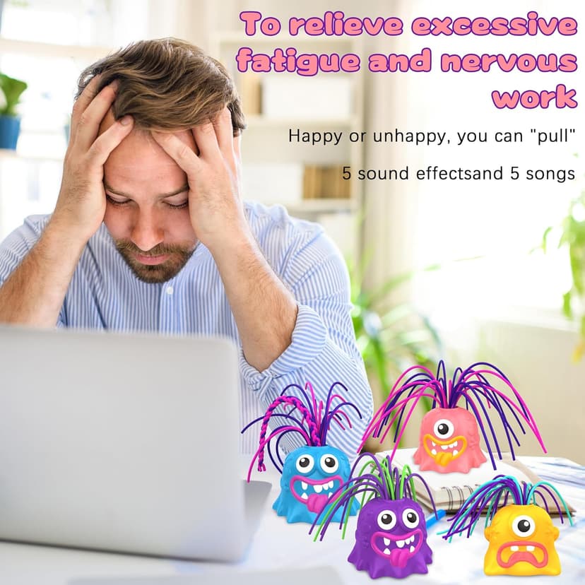 4PCS Fun Hair Pulling Fidget Screaming Monster Toys, Anti Anxiety Toys and Venting Novelty Toys, Different Screams Made by Hair Pulling, Halloween Christmas for 3 4 5 6 7+ Kids Teen Boys Girls Gifts