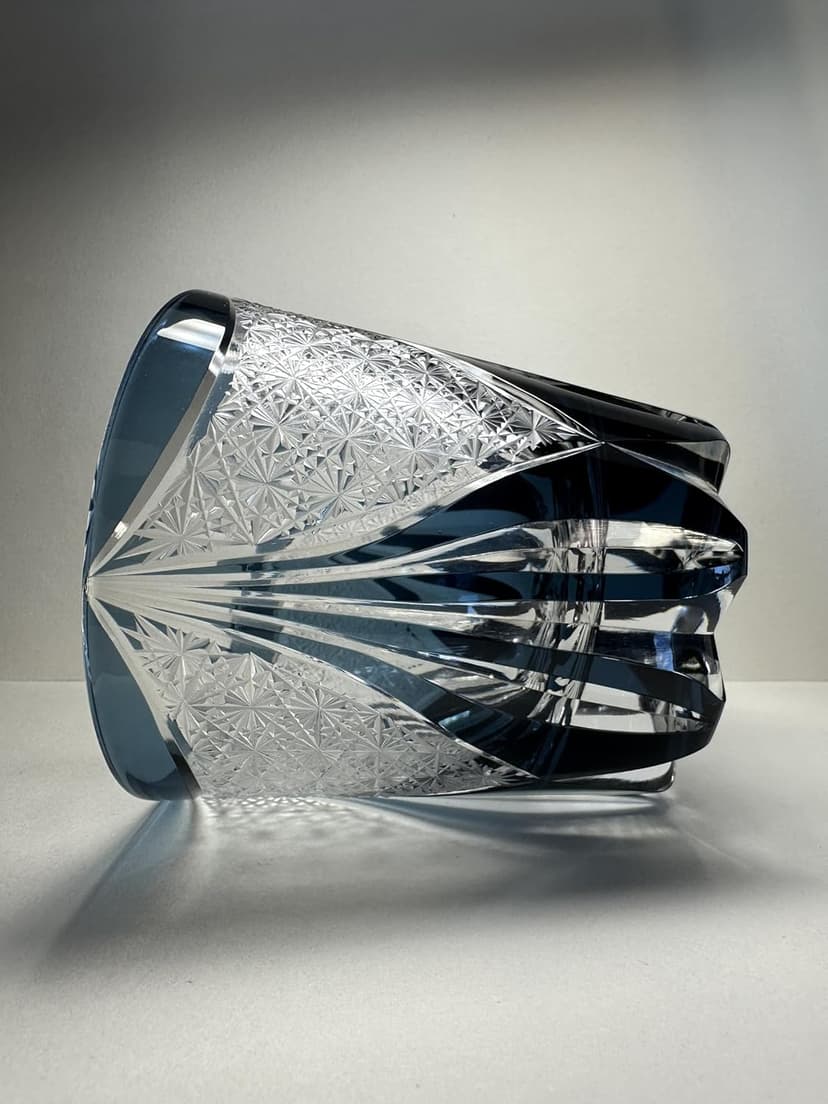 Edo Kiriko Whiskey Glass – Elegant Japanese Style Deep Blue Glass with Chrysanthemum & Flame Motif, Hand-Cut Spirits Tumbler for Whiskey & Cocktails